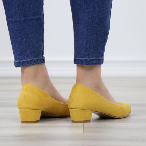 Mustard Faux Suede Close Round Toe Kitten Low Block Heel Pumps - Picture 6 of 13